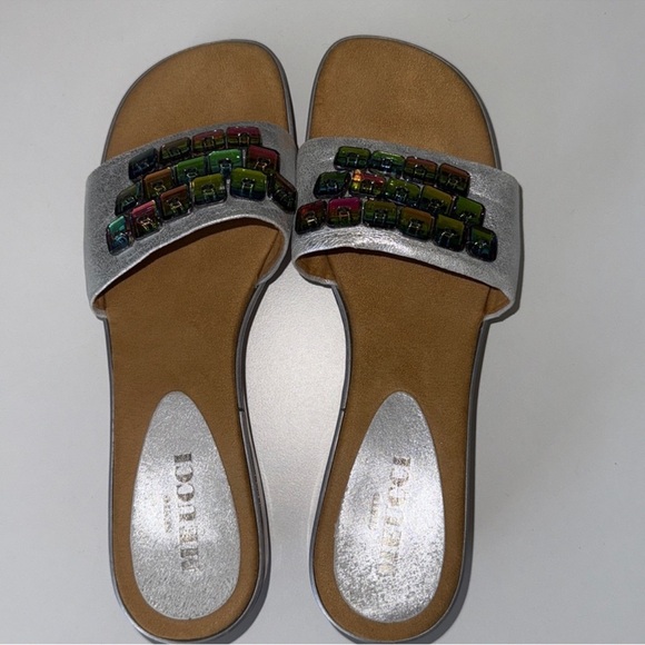 Sesto Meucci Silver Slide Sandals with Multicolor Gemstones - Picture 2 of 5